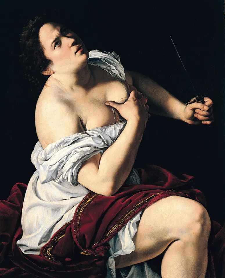 Peinture baroque d'Artemisia Gentileschi représentant Lucrèce tenant un poignard après un viol.
