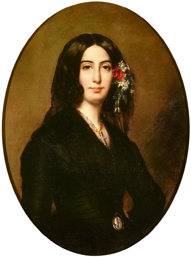 Portrait peint de George Sand par Auguste Charpentier (1838). Buste de l'écrivaine en noir, fleur dans les cheveux.