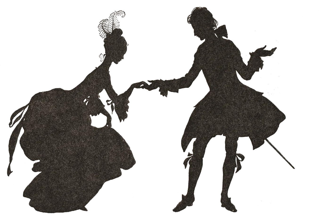 Gravure : silhouettes d'un homme et une femme dansant, style Cendrillon.