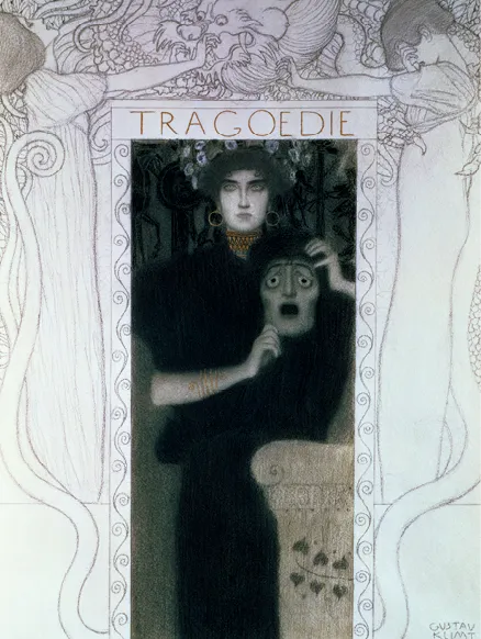 Peinture de Gustav Klimt, Tragédie (1897). Une femme en noir tient un masque grimaçant, encadrée d'ornements Art nouveau.