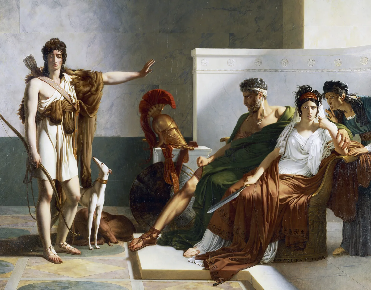 Peinture néoclassique: Phèdre et Hippolyte, scène dramatique antique. Hippolyte, archer, s'oppose à Thésée et Phèdre, le chien au premier plan ajoute à l'atmosphère.