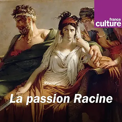 Peinture néoclassique: une femme, regard intense, assise entre deux hommes.  Adaptation de la pièce de Racine. Thème: passion, tragédie.