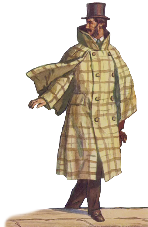 Illustration : personnage masculin en long manteau écossais beige et marron, haut-de-forme, se déplaçant.