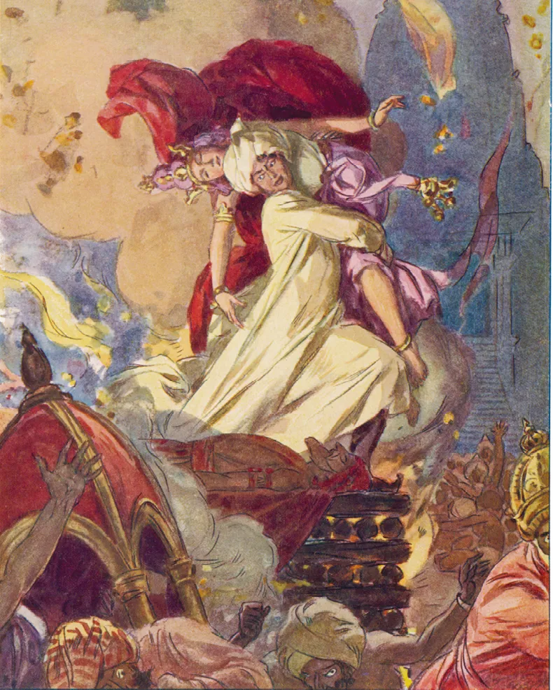 Peinture: sauvetage in extremis d'un homme sur un bûcher par une femme. Illustration du Tour du monde en 80 jours.