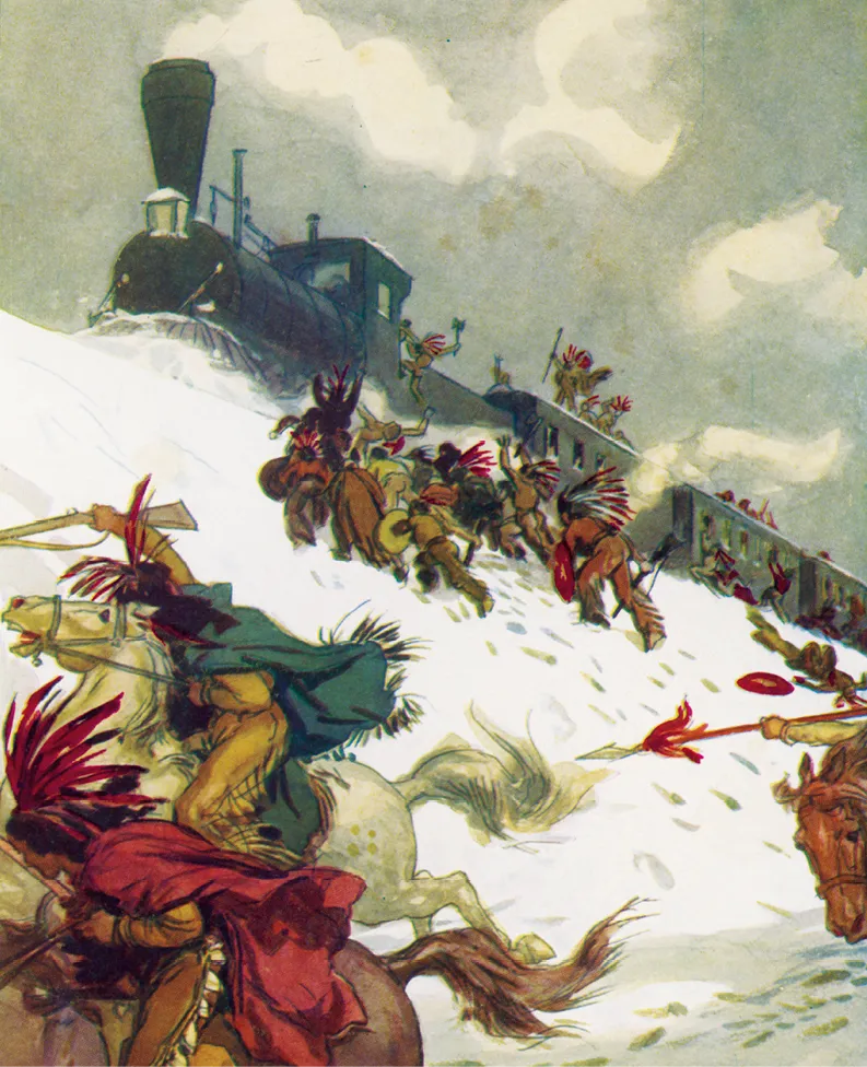 Peinture: Amérindiens attaquent un train dans la neige. Combat à cheval, lances et fusils. Illustration du Tour du monde en 80 jours.