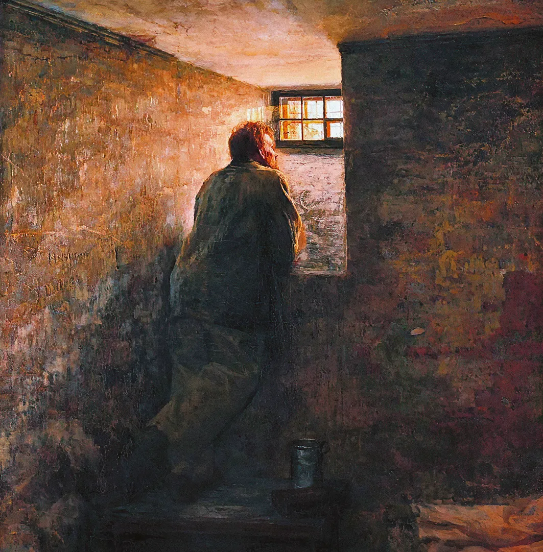 Peinture à l'huile, Le Prisonnier, homme accroupi près d'une fenêtre de cellule, regardant dehors. Ambiance sombre et réaliste.