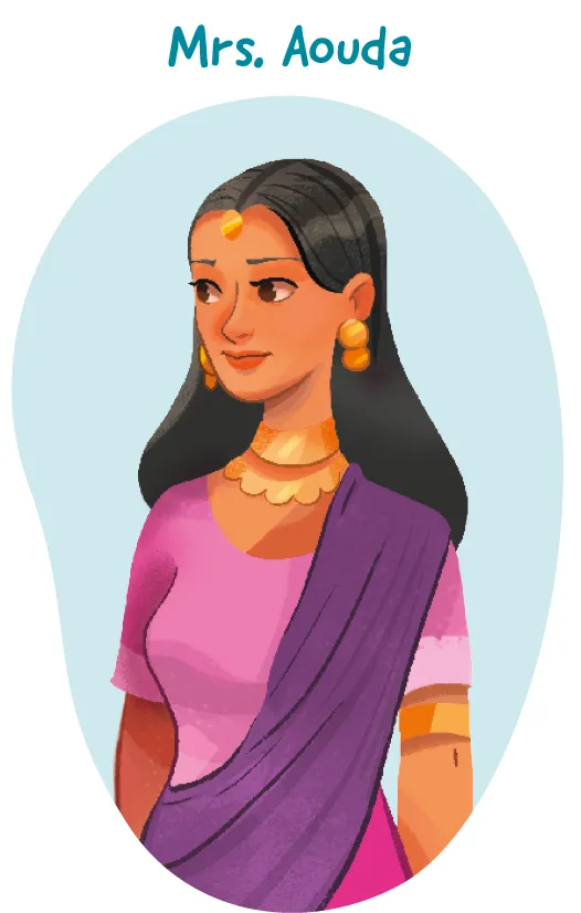 Illustration : Mme Aouda, femme indienne, en sari rose et violet, bijoux dorés.