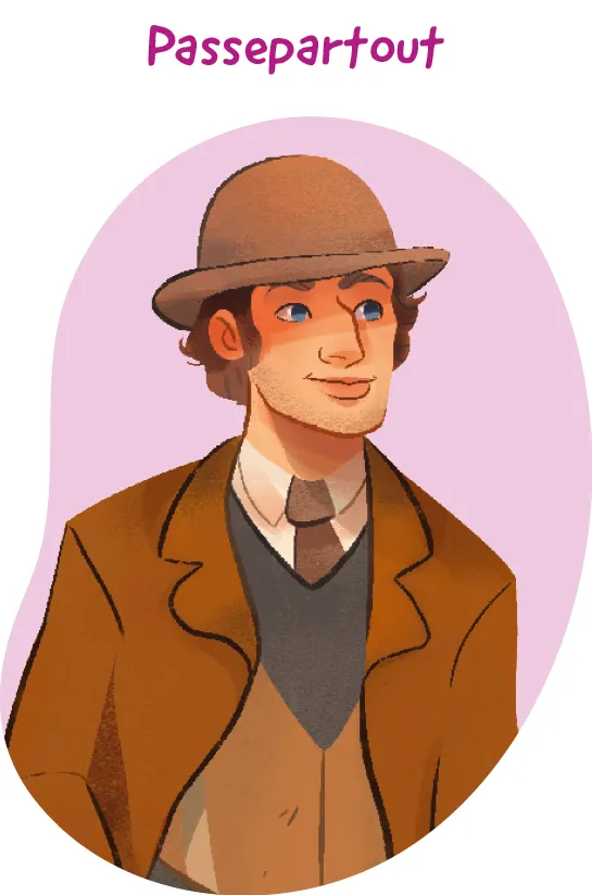 Illustration de Passepartout, personnage masculin élégant en costume brun, chapeau et cravate. Style dessin animé.