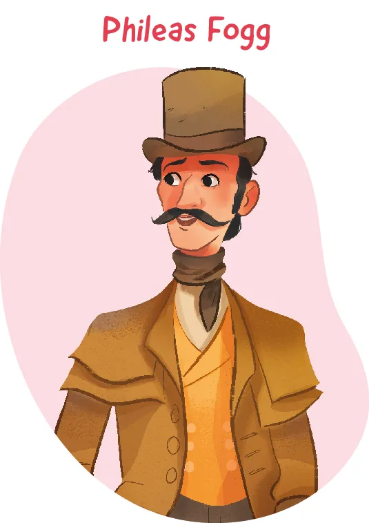 Illustration de Phileas Fogg, personnage du roman &quotLe tour du monde en 80 jours", vêtu d'un complet brun et d'un haut-de-forme.