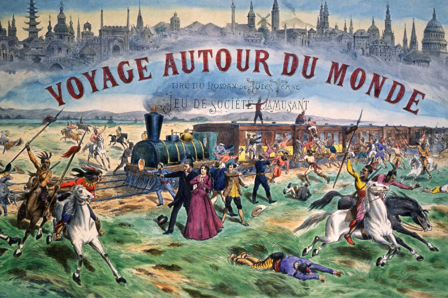 Illustration de jeu de société : scène chaotique autour d'un train attaqué par des Amérindiens à cheval. Inspiré du Tour du monde en 80 jours.