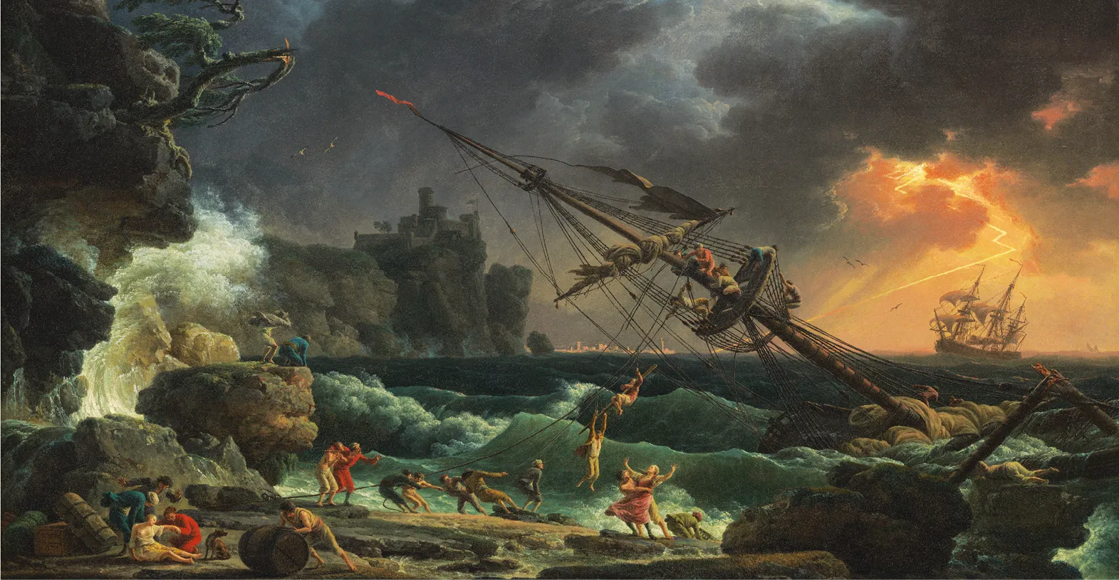 Peinture de Vernet, naufrage violent d'un navire près d'un château côtier. Survivants accrochés aux débris, secourus sur la côte.