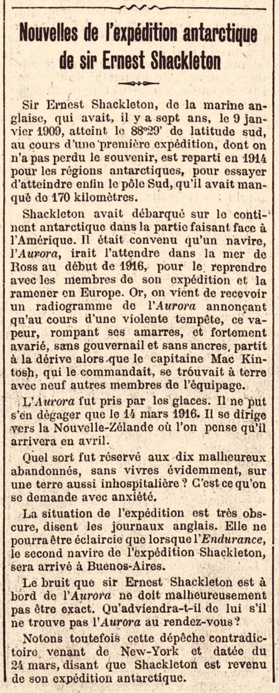 Article de journal (mars 1916) sur l'expédition antarctique de Shackleton : perte de l'Aurora, situation critique des membres restés en Antarctique.