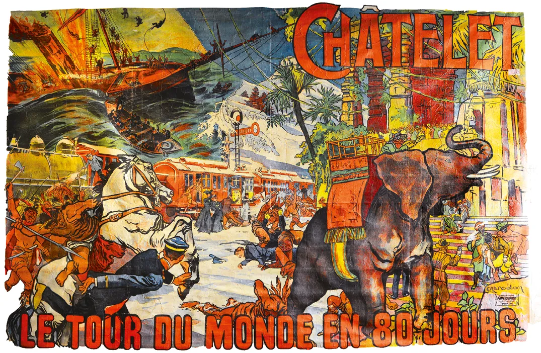 Affiche vintage du spectacle &quotLe tour du monde en 80 jours", représentant un train, un éléphant, un naufrage et de nombreux personnages dans des scènes animées.