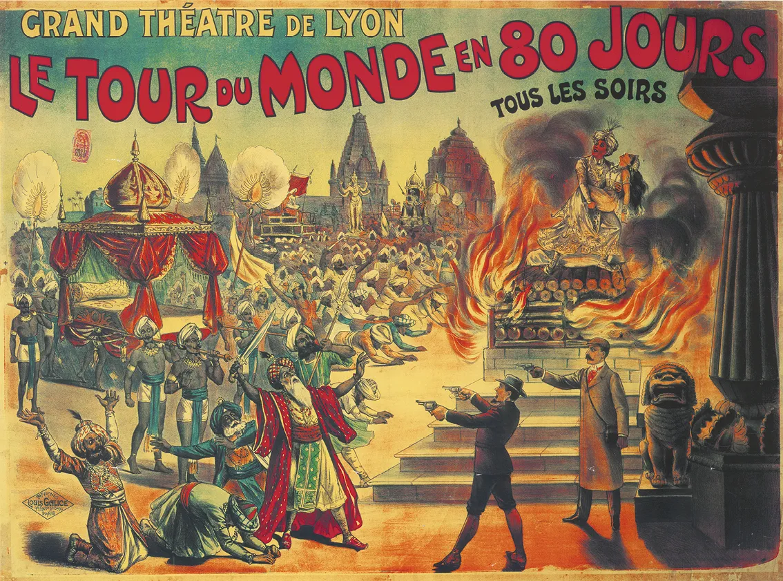 Affiche de 1905 pour la pièce &quotLe tour du monde en 80 jours", illustrant une scène en Inde où deux hommes interrompent un sati.