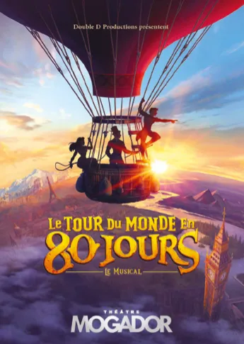 Affiche de la comédie musicale Le tour du monde en 80 jours : trois personnages en montgolfière survolent Paris et Londres.