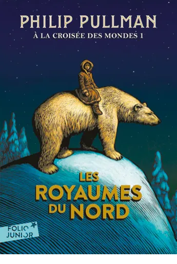Illustration : enfant chevauchant ours polaire sur colline enneigée, ciel étoilé. Couverture livre jeunesse.