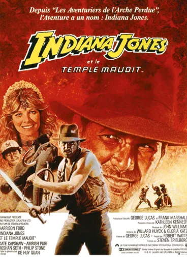 Affiche du film Indiana Jones et le Temple Maudit. Indiana Jones, une femme et des scènes d'action sont représentées.