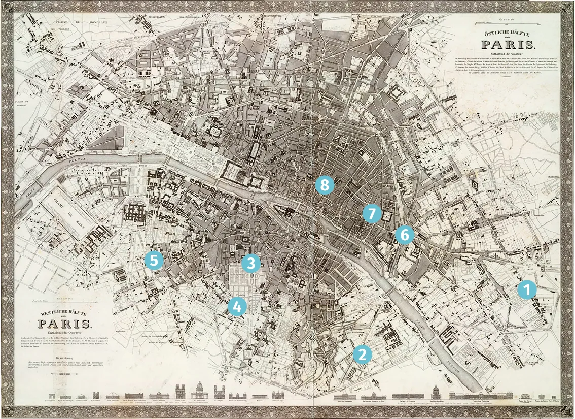 Carte détaillée de Paris en 1860, montrant la Seine et ses quartiers.  Plan précis pour l'histoire urbaine.