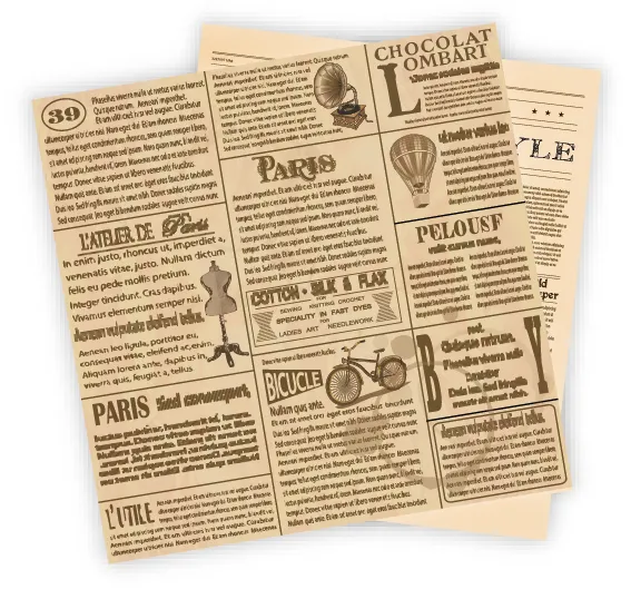 Image vintage style : journaux avec illustrations et texte français sur Paris, vélo, chocolat, dirigeable et plus. Style rétro, typographie ancienne.