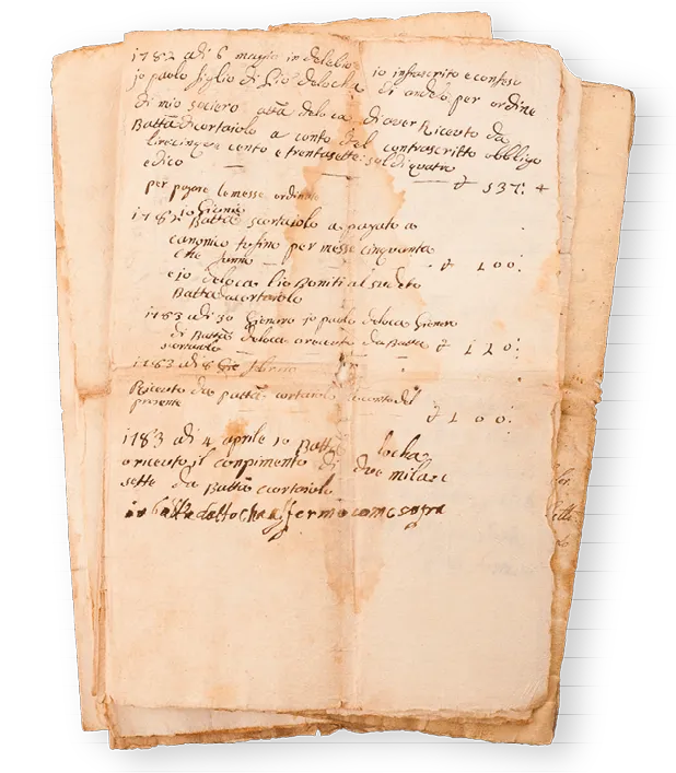 Document manuscrit italien (1782-1783), comptes et paiements. Photographie d'archives.