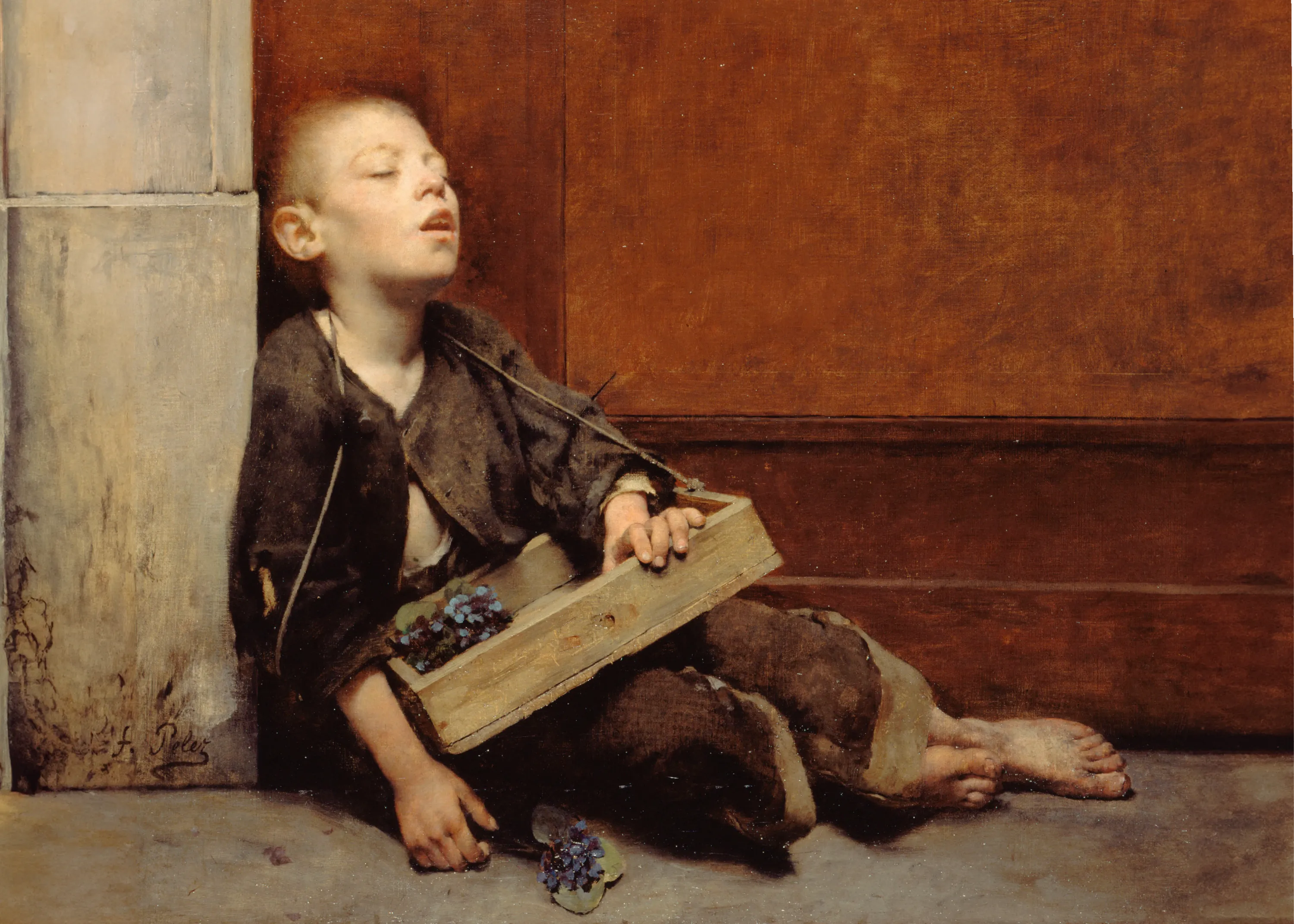 Peinture réaliste d'un jeune vendeur de violettes endormi près d'une caisse en bois. Détails sombres et expressifs.