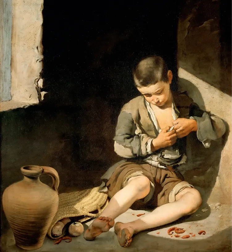 Peinture baroque de Murillo, Le jeune mendiant, représentant un enfant pauvre assis, réparant ses vêtements usés. Détails: cruches, fruits, crevettes.