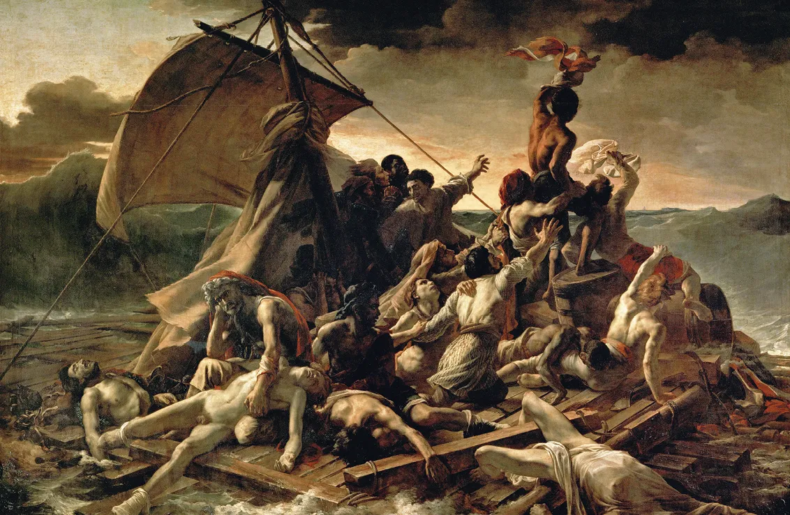 Peinture de Géricault, Le Radeau de la Méduse (1819) : naufragés luttant pour survivre sur un radeau en pleine tempête.  Corps épuisés, détails dramatiques.