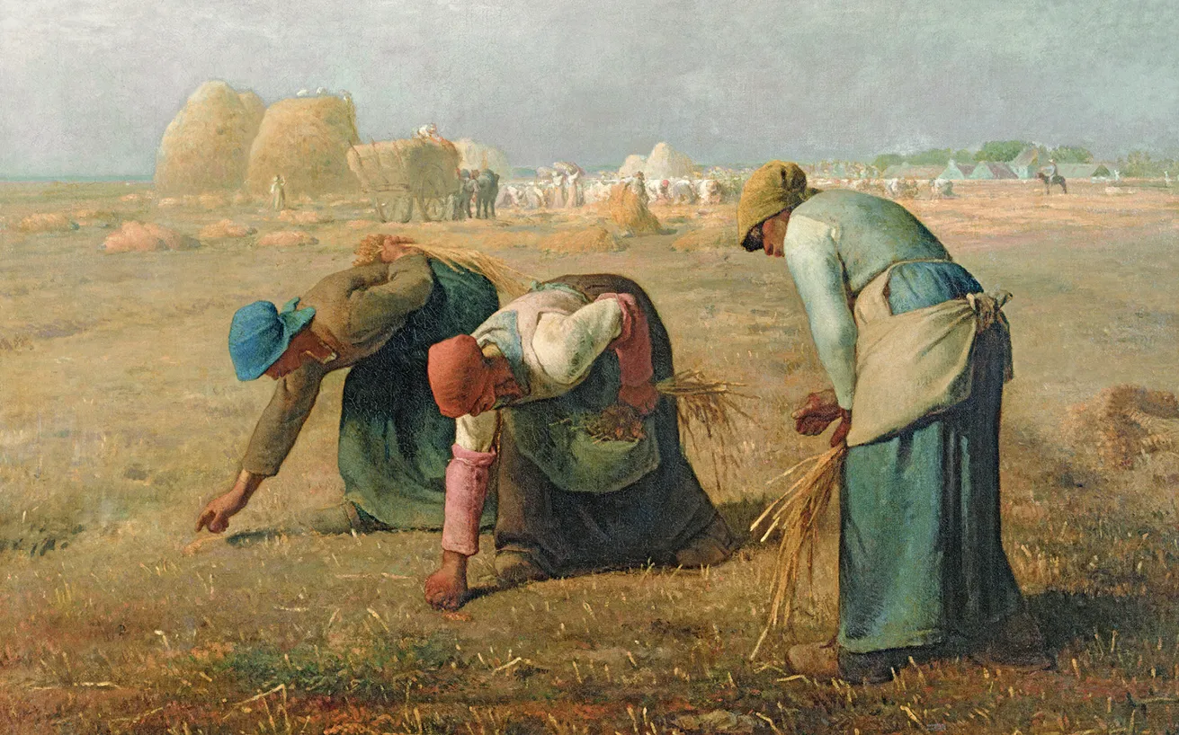 Peinture, Les Glaneuses de Millet, trois paysannes ramassant épis de blé après la moisson, scène réaliste de la vie paysanne au XIXe siècle.