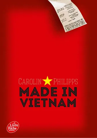 Couverture rouge du livre &quotMade in Vietnam" de Carolin Philipps. Étiquette vêtement en haut à droite.