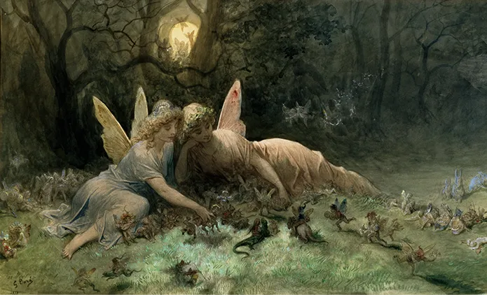 Aquarelle de Gustave Doré, Les Fées (1873) : deux fées ailées observent des créatures féeriques dans une forêt nocturne.