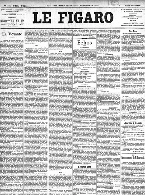 Première page du journal Le Figaro du 18 avril 1896 annonçant la publication de La Voyante d'Émile Zola.