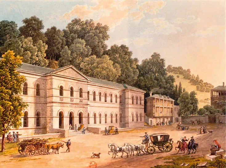 Peinture XIXe siècle: Thermes de Baden (Autriche).  Hôpital militaire, calèches, personnages, place animée.