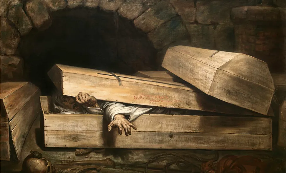 Peinture sombre: cadavre sort d'un cercueil en bois, mains visibles. Scène macabre évoquant la mort.