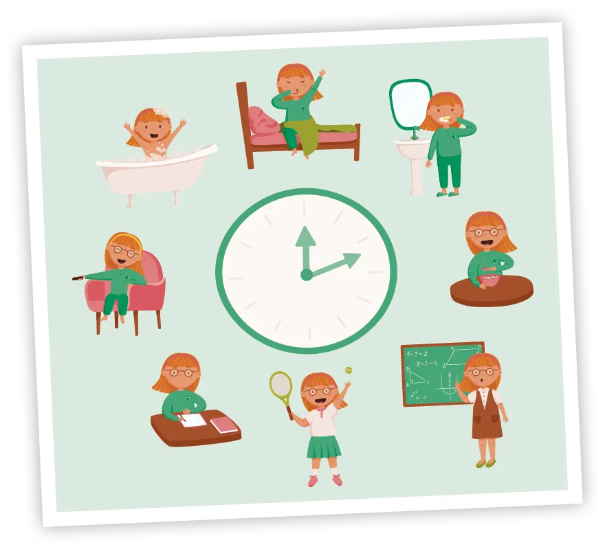 Dibujos de la rutina diaria de una niña (despertarse, lavarse los dientes, comer, ir a la escuela, jugar al tenis, hacer los deberes, ver la tele, bañarse) y un reloj central.