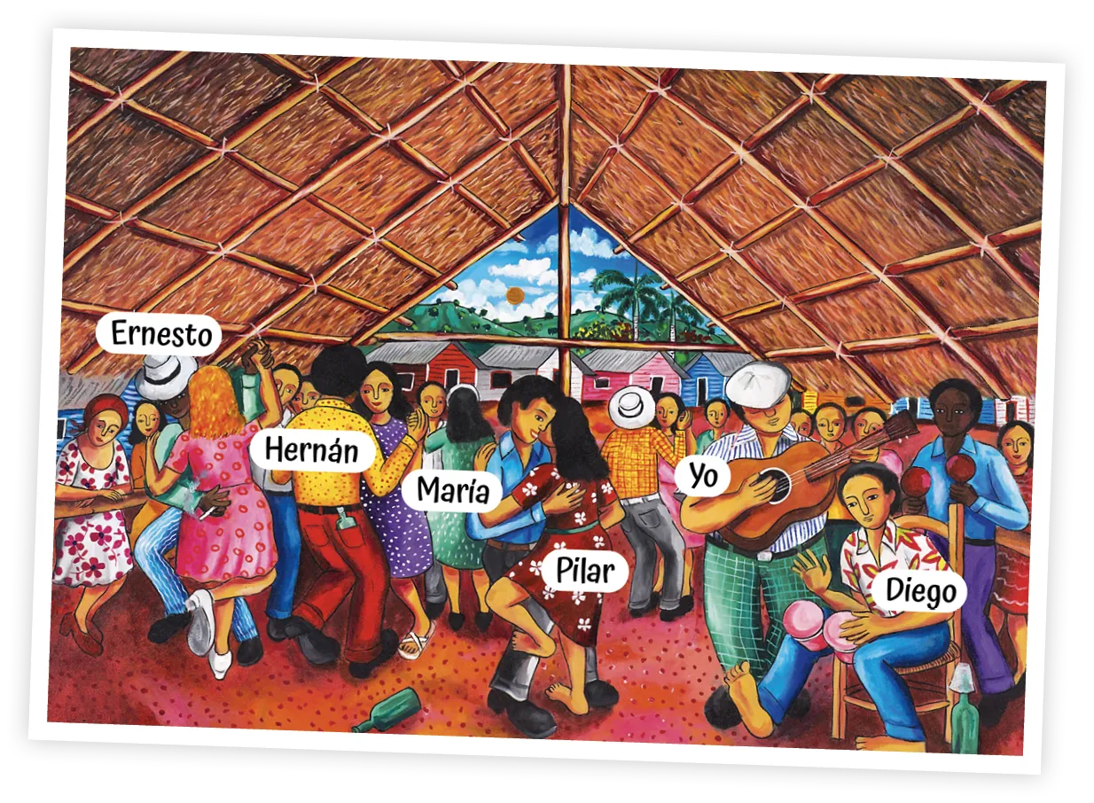 Pintura de una escena festiva en una cabaña con gente bailando y tocando música. Personajes etiquetados: Ernesto, Hernán, María, Pilar, Yo, Diego.