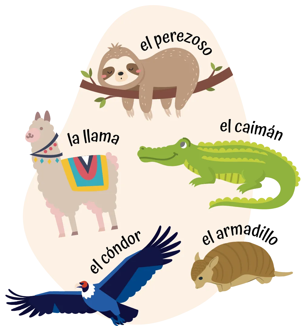 Ilustración de animales de América Latina: el perezoso, la llama, el caimán, el cóndor y el armadillo