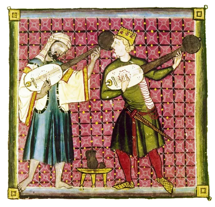 Miniature médiévale (XIIIe siècle): deux musiciens jouent du luth, vêtements détaillés, fond géométrique.