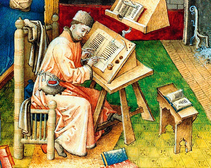 Miniature XVème siècle : copiste médiéval écrivant à son pupitre, entouré de livres et d'un encrier.