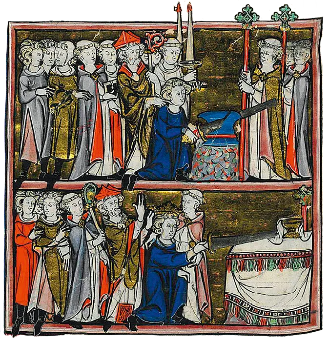 Miniature médiévale : Arthur retire l'épée du rocher, entouré de religieux et courtisans. XIIIe siècle.