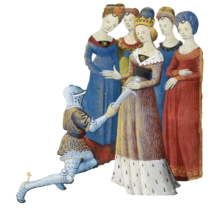Miniature médiévale : chevalier offrant une épée à une reine et ses dames.