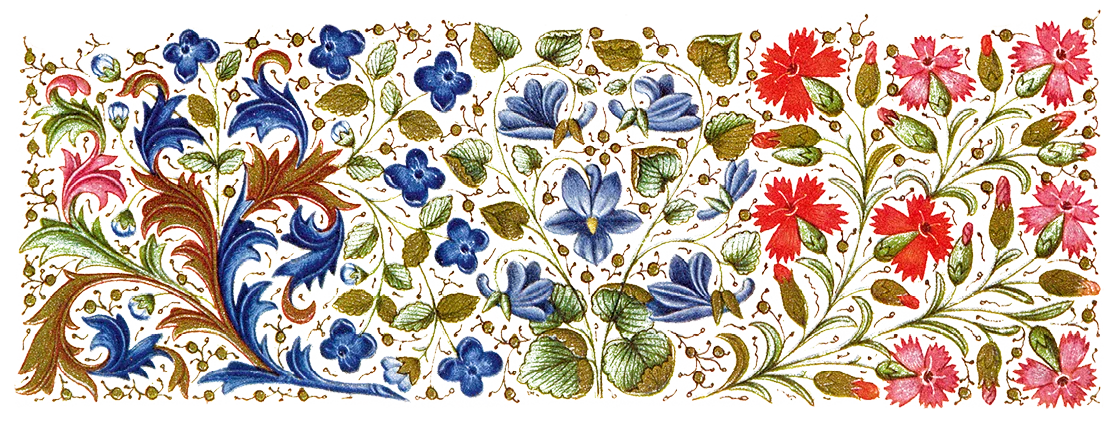 Enluminure du XIVe siècle : décor floral avec des feuilles et des fleurs bleues et rouges.