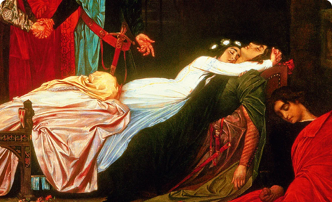 Détail de la peinture de Leighton, Roméo et Juliette morts, réconciliation des familles Montaigu et Capulet.