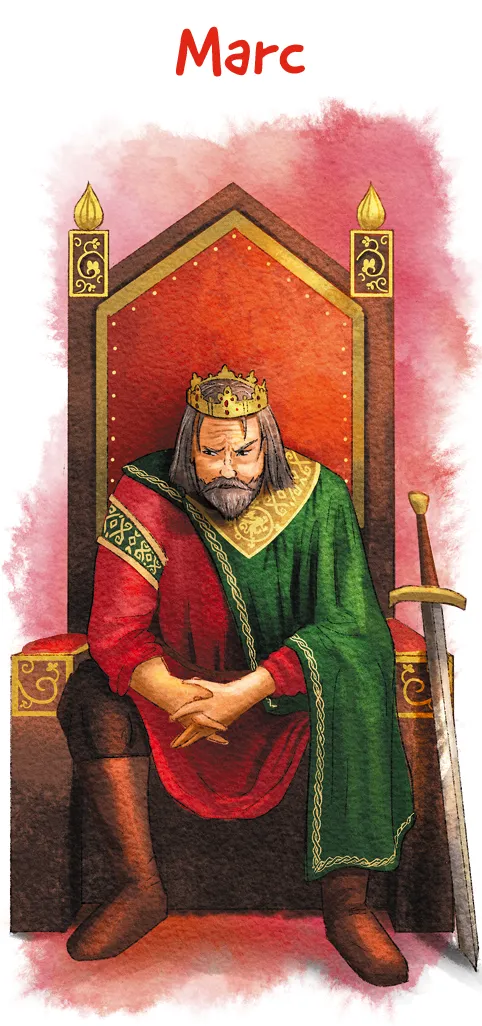 Illustration : Roi Marc couronné, assis sur un trône, vêtu d'une robe rouge et verte, tenant une épée.