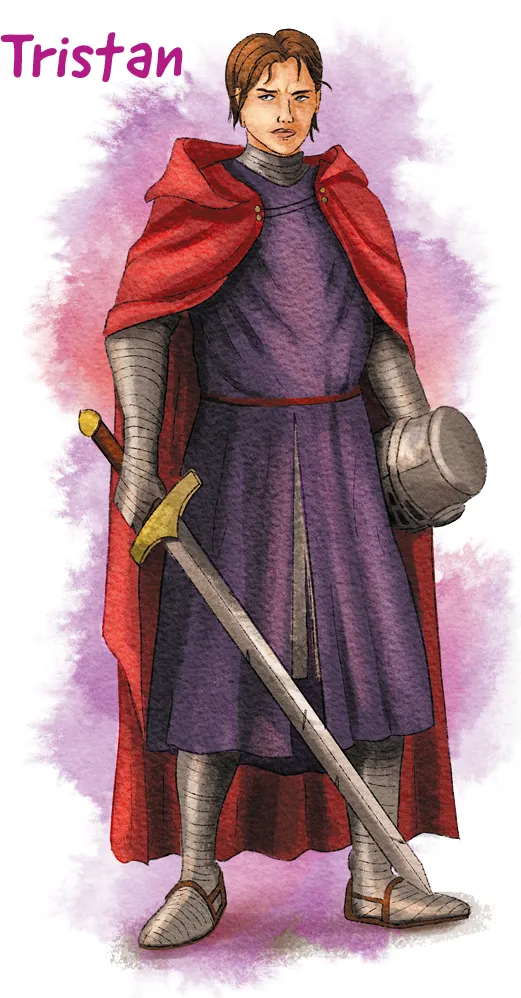 Illustration : Tristan, jeune chevalier en armure, cape rouge et épée.