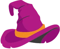 Illustration d'un chapeau de sorcière violet à large bord et bande orange pour Halloween.