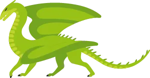 Illustration : dragon vert clair stylisé marchant, ailes déployées, écailles jaunes sur le cou et la queue.