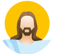Icône stylisée de Jésus : visage serein, cheveux et barbe bruns, tunique bleue, auréole jaune.