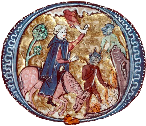 Enluminure médiévale : chevalier combattant des démons. Miniature XIIIe, or et couleurs vives.