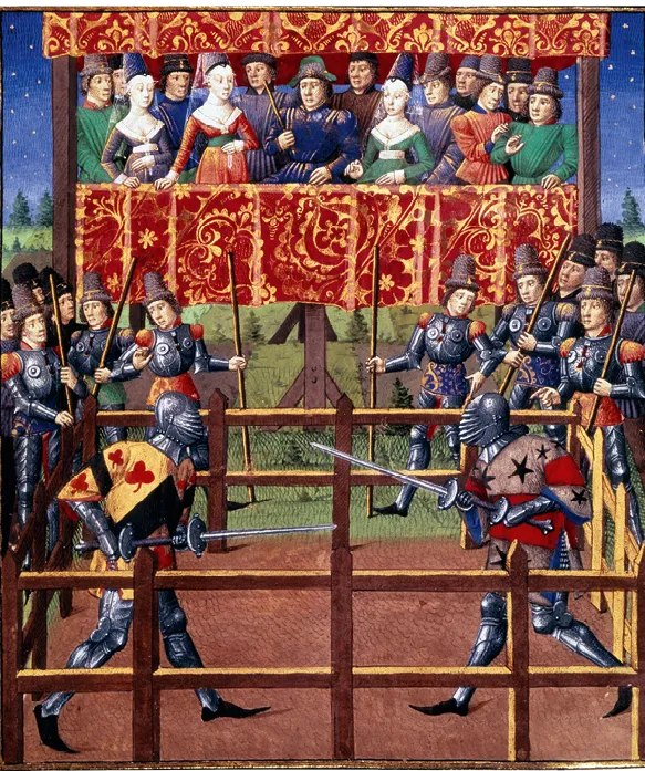 Miniature médiévale : duel d'épée entre deux chevaliers en armure, devant des spectateurs sur une tribune.