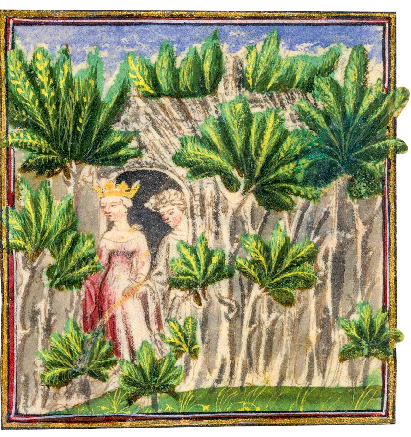Miniature médiévale : Tristan et Iseut près d'une grotte, cachés par des arbres. Enluminure, vers 1400.